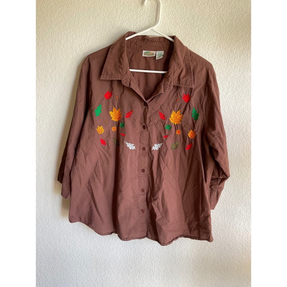 Collections Etc Brown Cotton Embroidered Autumn Leaf Button Down Shirt XL 90s